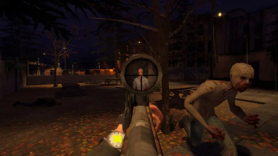 A pale mutant closing in on the player at night while the player aims down a scoped weapon