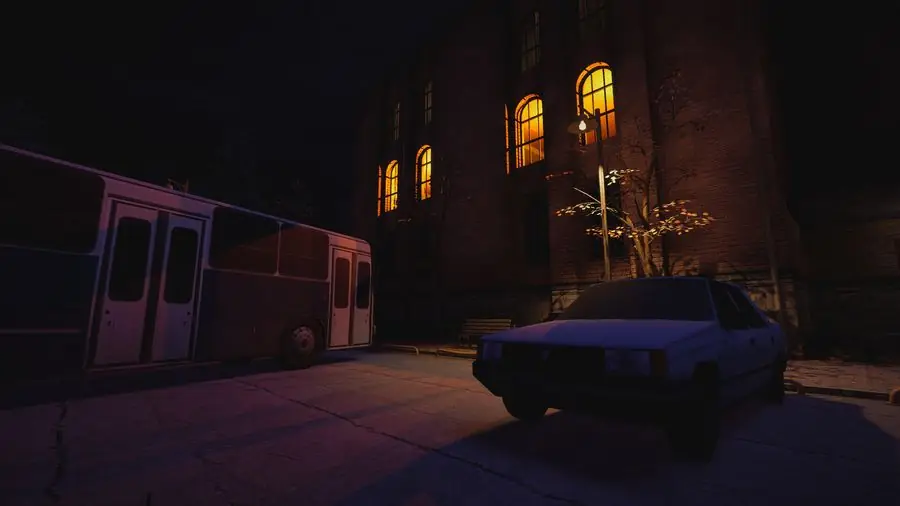 A night street in Prasnova with a pink bus, a parked sedan and lit windows in the building behind